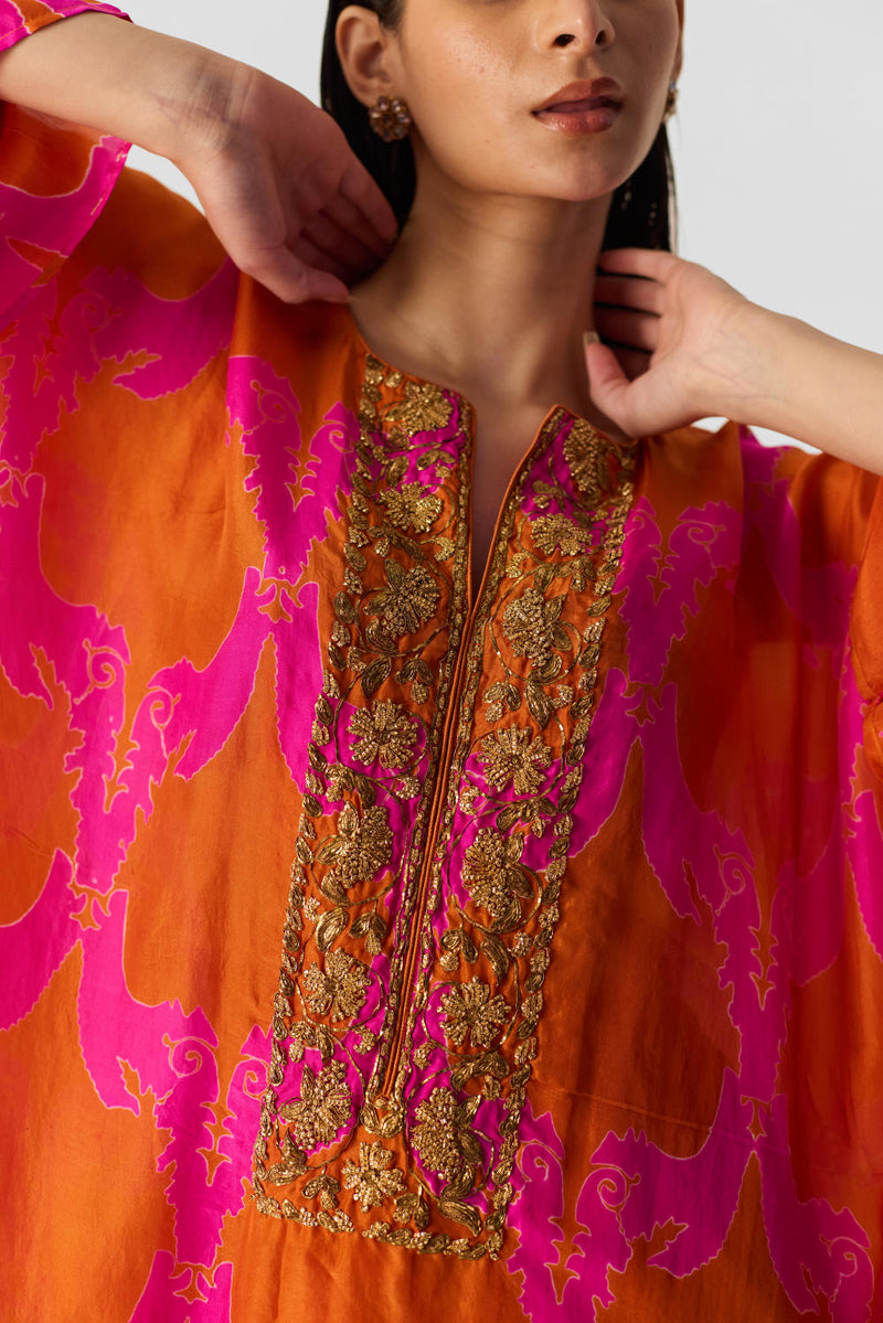 ZUZI ORANGE KAFTAN SET silk by Yam in multi color for women Worldwide