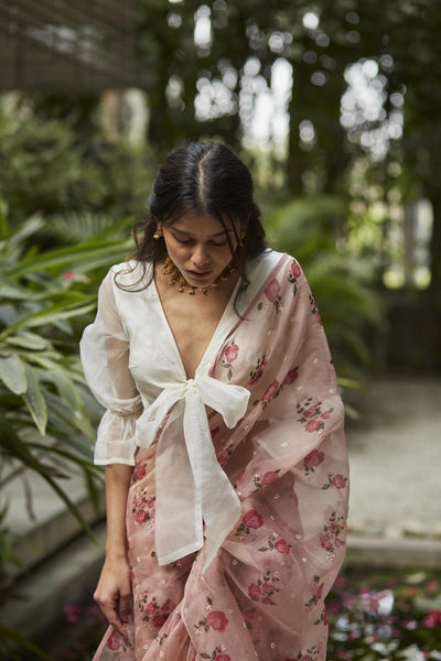 THE HANDWOVEN ORGANZA SILK SAREE IN PERSIAN ROSE COLOR