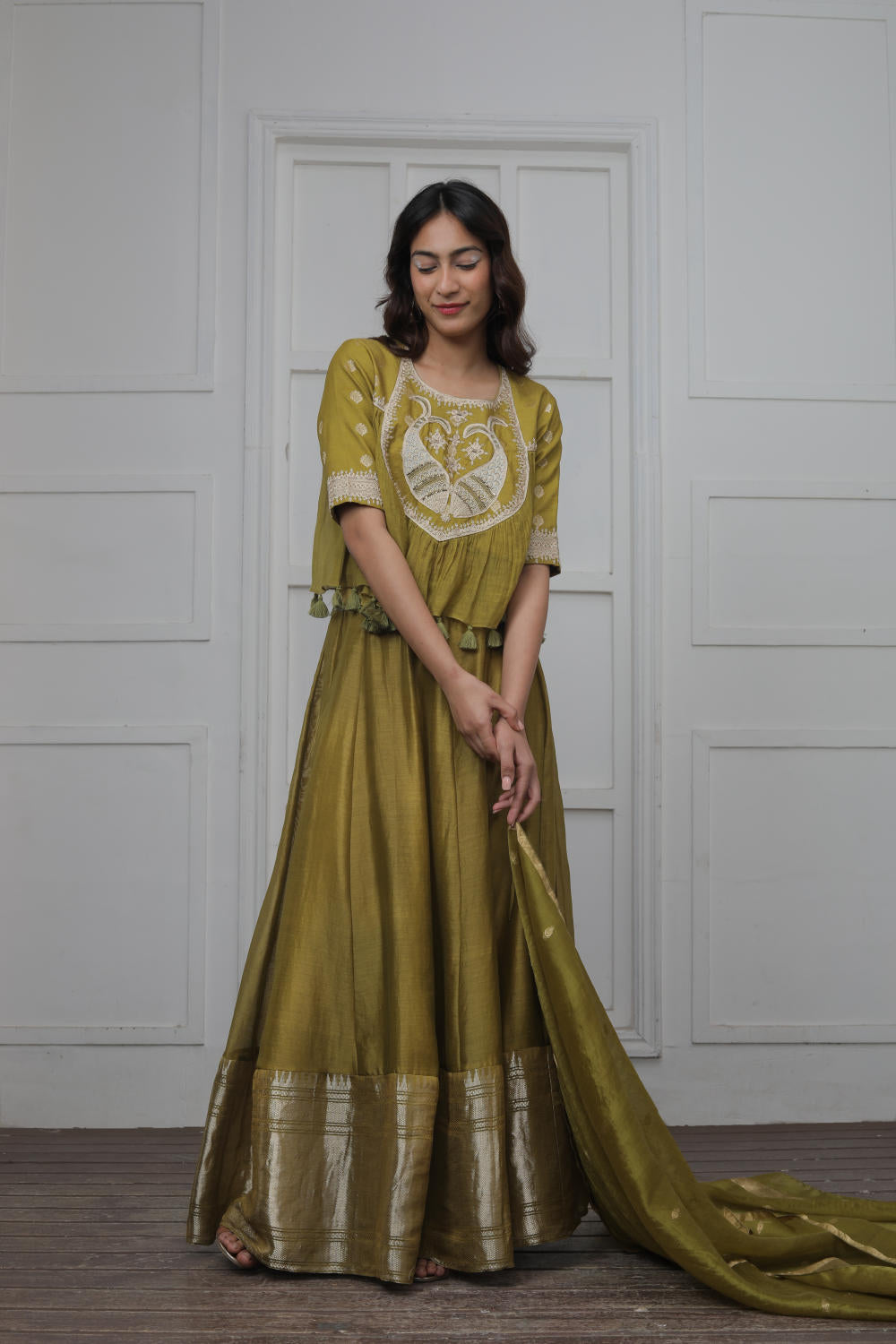 Banarsi butti  Top with hand embroidered yoke and Benarsi border  lehenga