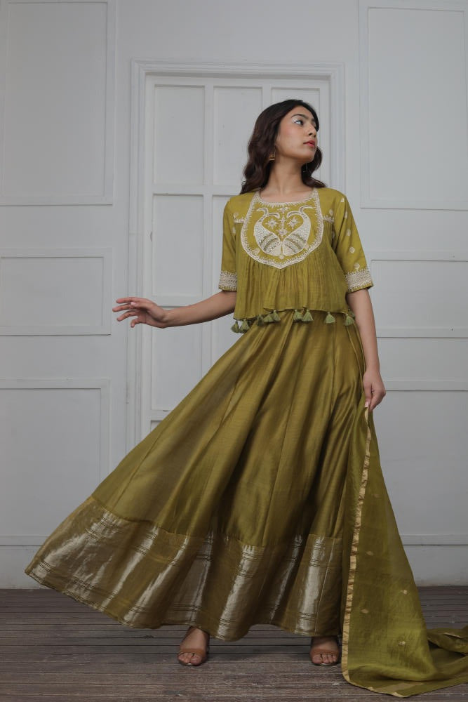 Banarsi butti  Top with hand embroidered yoke and Benarsi border  lehenga