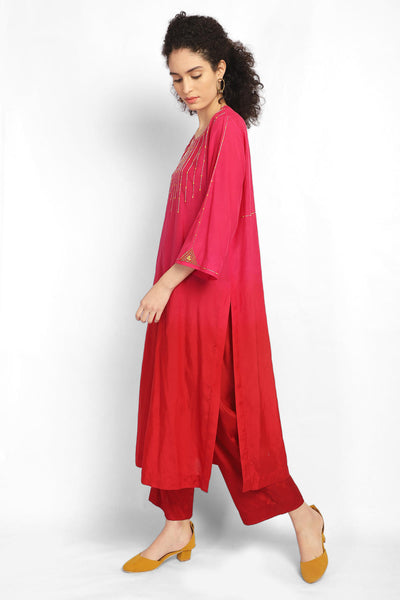 Red Ombre embroidered Kurta Co-ord