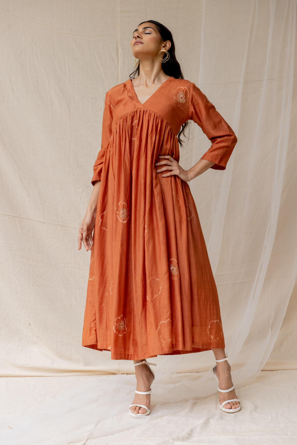 Dramatic poppy gathered dress - Rust