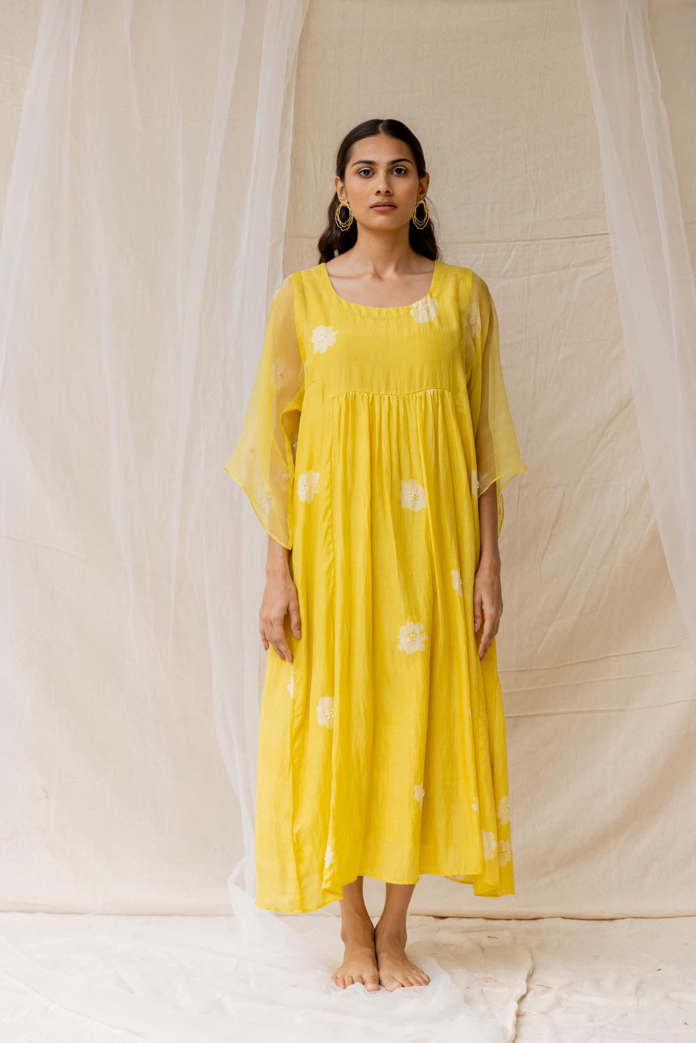 Dainty Daisy dress - yellow - cotton silk with organza sleeve