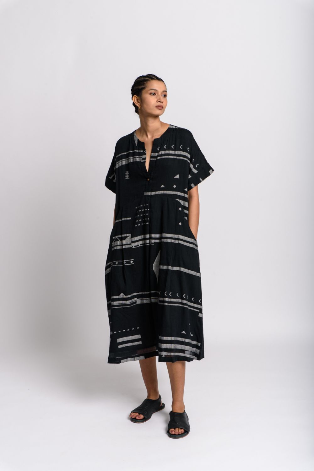 Black striped jamdani shift dress - Black