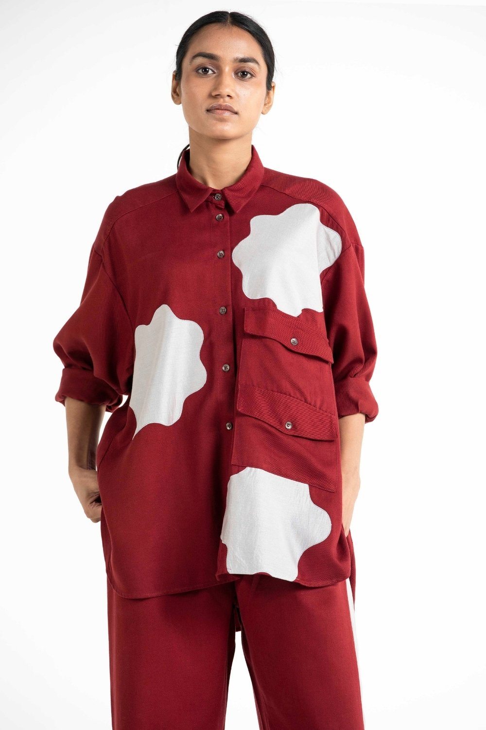 Applique Patch Pocket Shirt Crimson Red Fashion THREE