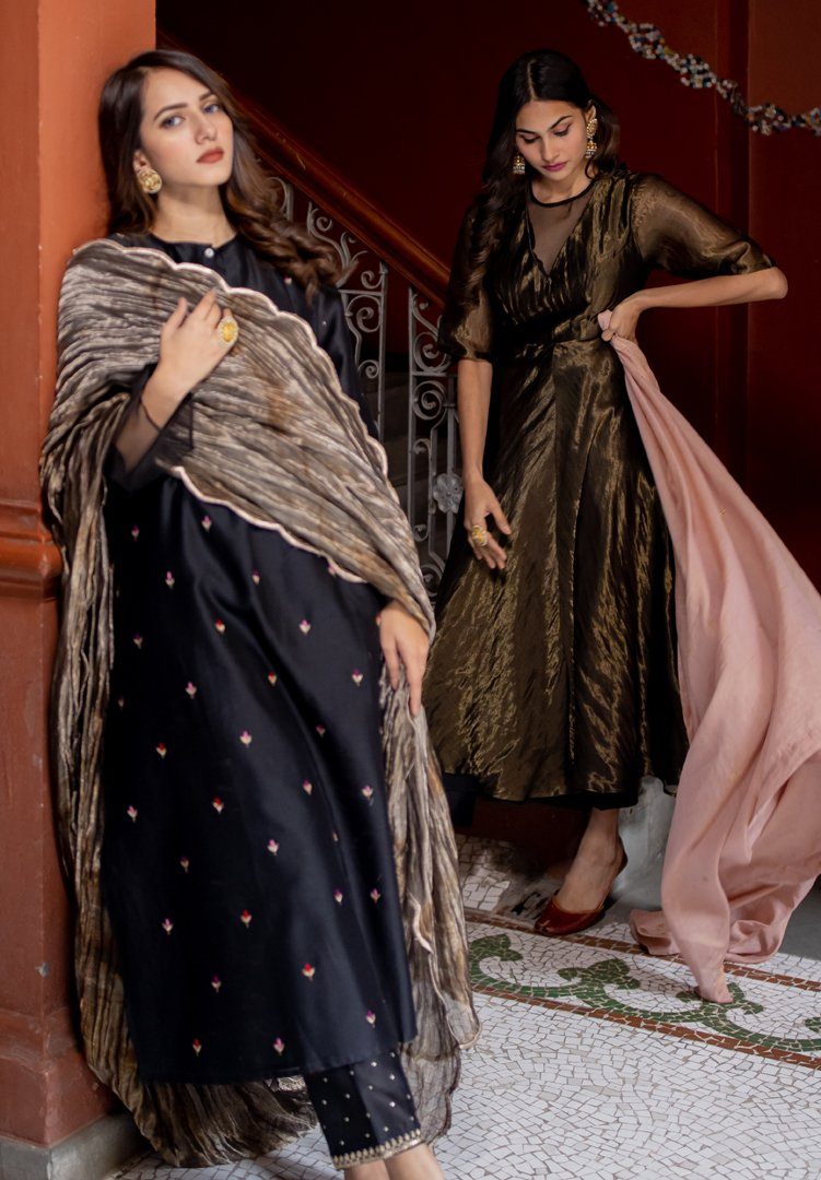 Black Chanderi Silk Kurta Fashion Juanita 