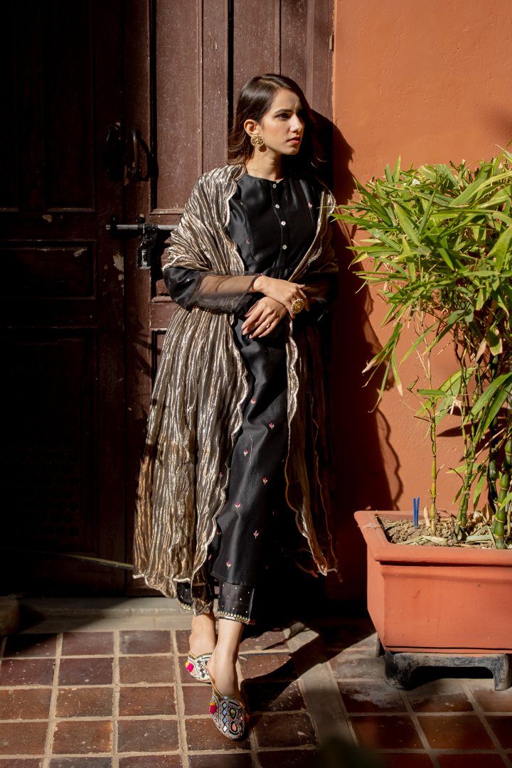 Black Chanderi Silk Kurta Fashion Juanita 