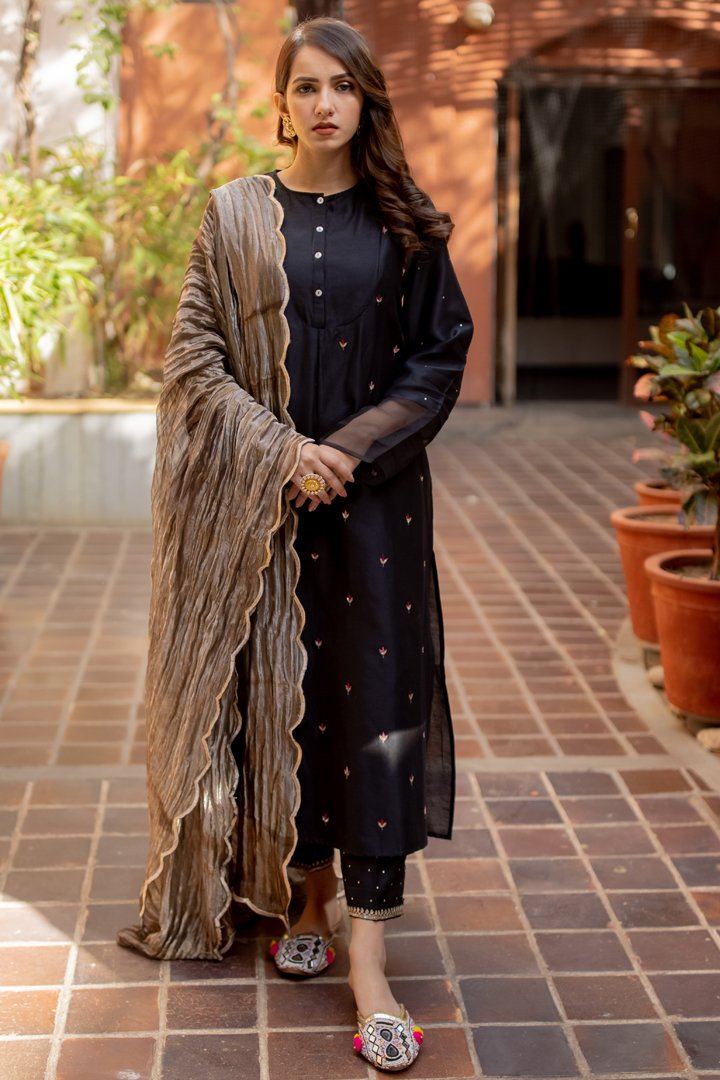 Black Chanderi Silk Kurta Fashion Juanita 