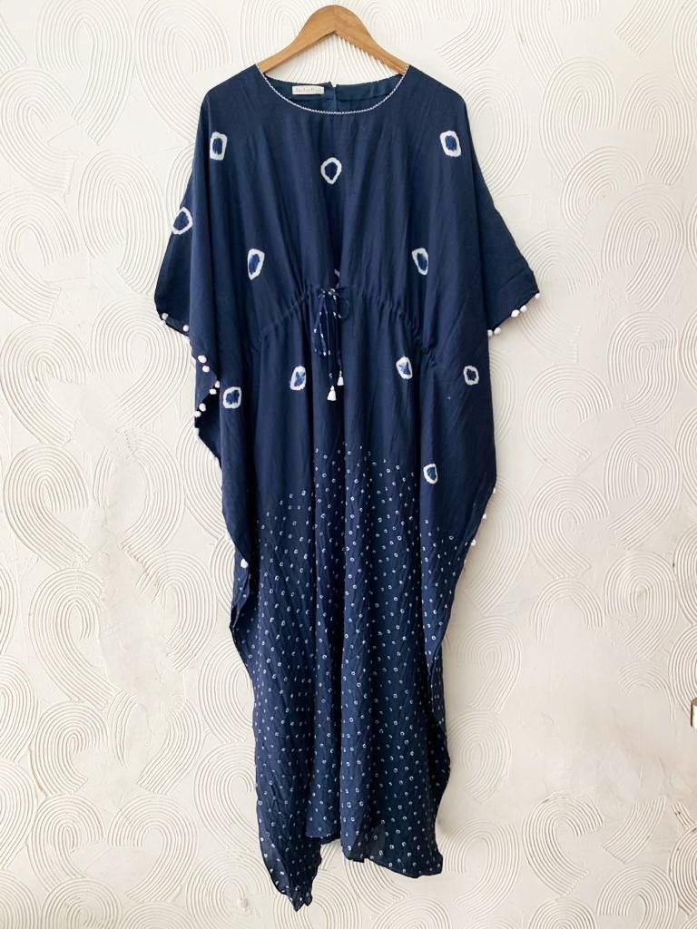 Blue Handdone Bandhani and Shibori Kaftan Fashion The Pot Plant