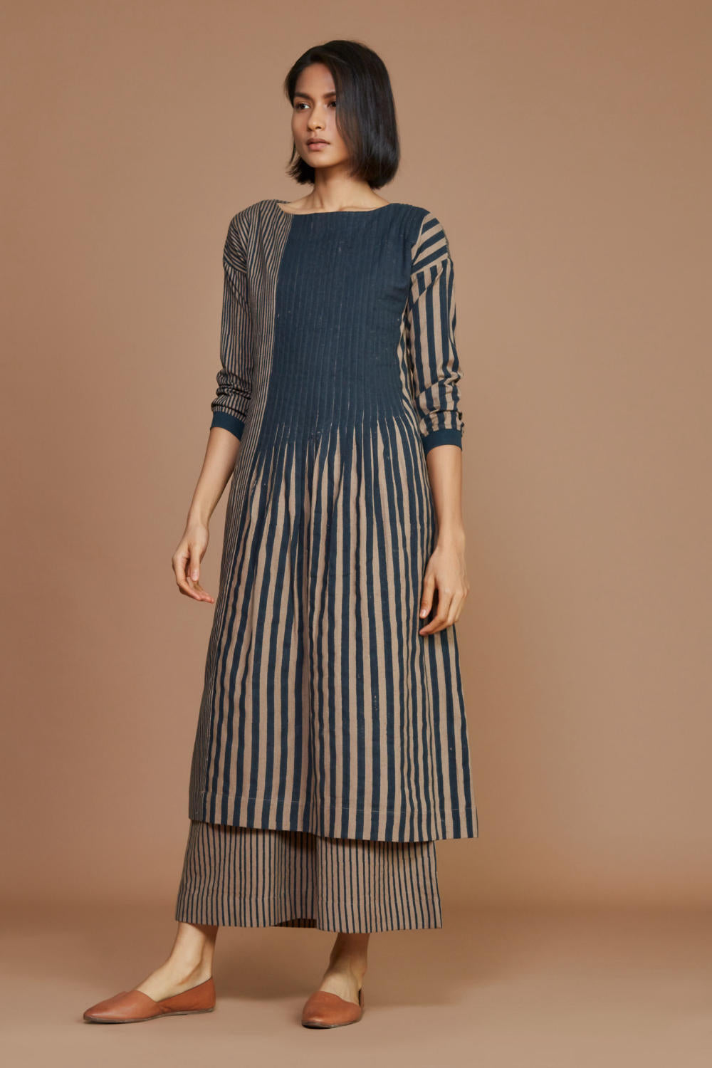 Brown With Charcoal Striped Pleated Co-Ord Set Fashion Mati