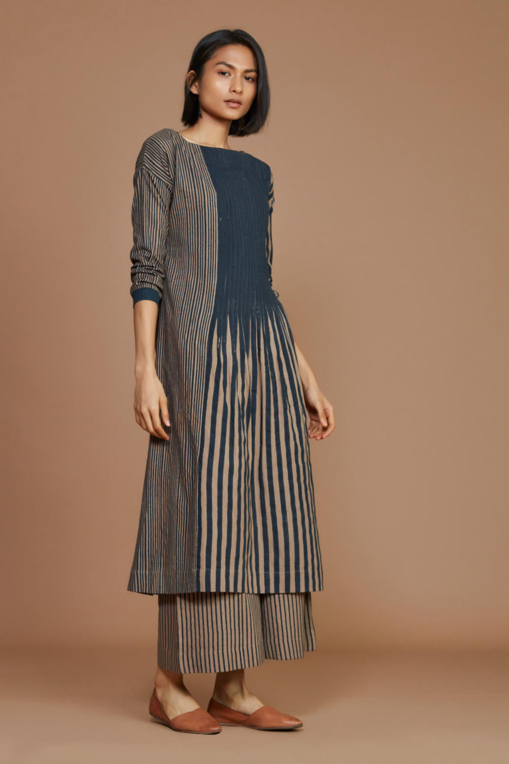 Brown With Charcoal Striped Pleated Co-Ord Set Fashion Mati