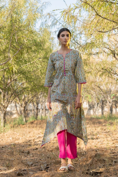 Grey Gardenia Kurta Set- Grey Hand Block Printed Cotton Asymmetric Kurta with Magenta Pants Fashion Marche