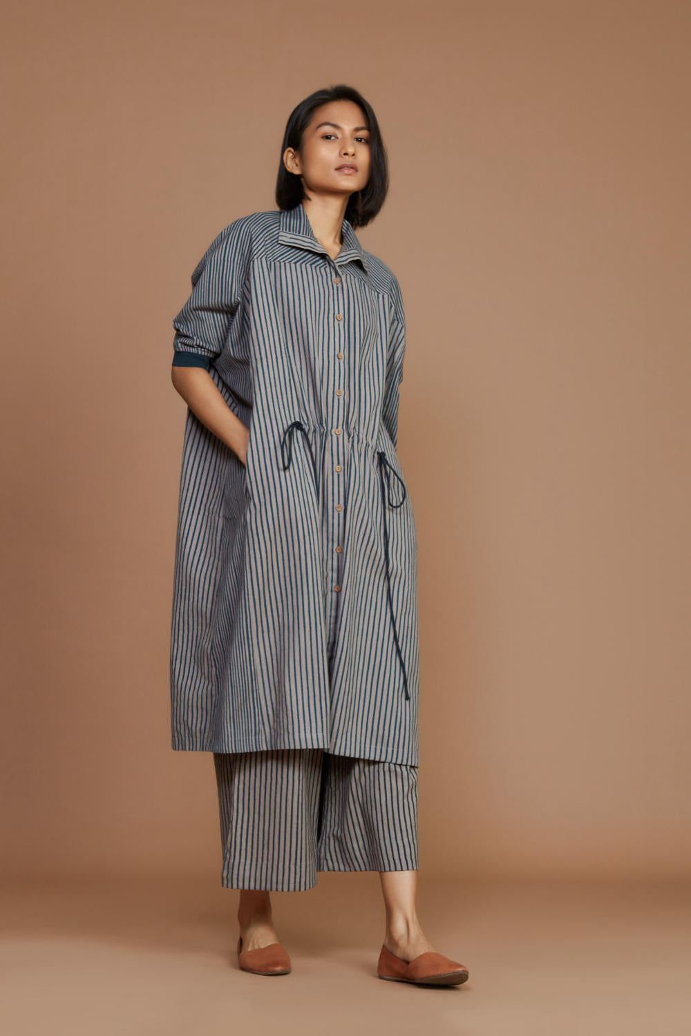 Grey with Charcoal Striped Kaftan Co-Ord Set Fashion Mati