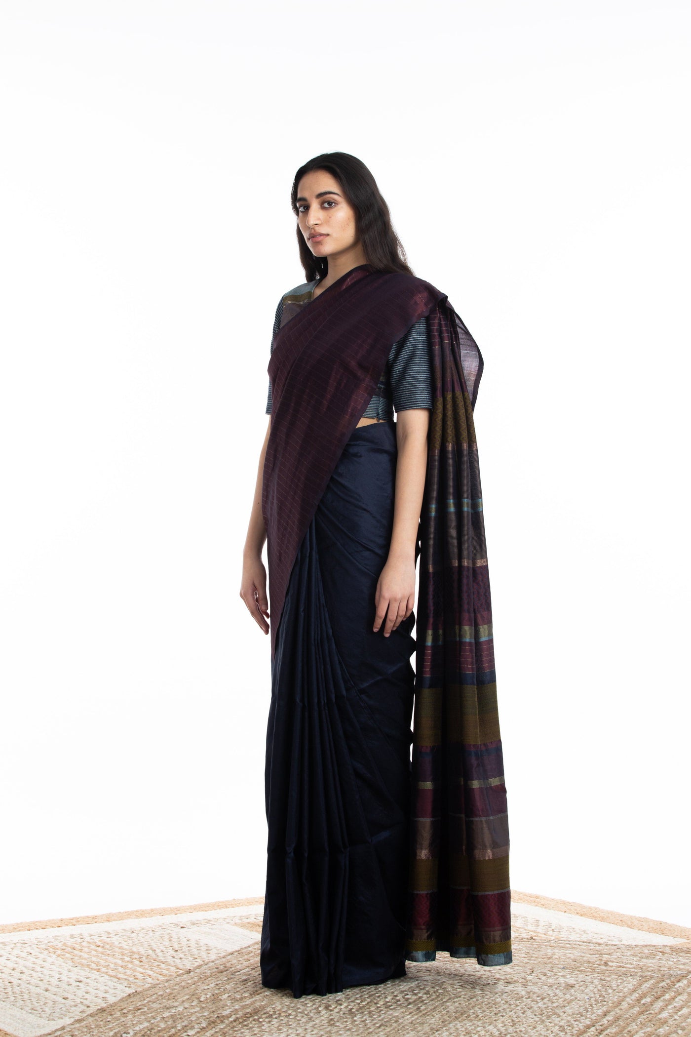 Handwoven Blue Maroon Engineered Silk Saree Fashion Akaaro 