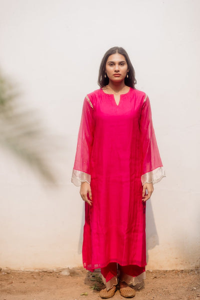 Handwoven Chanderi Comfort Fit Kurta Set - FUSHIA PINK And SILVER Fashion Juanita 