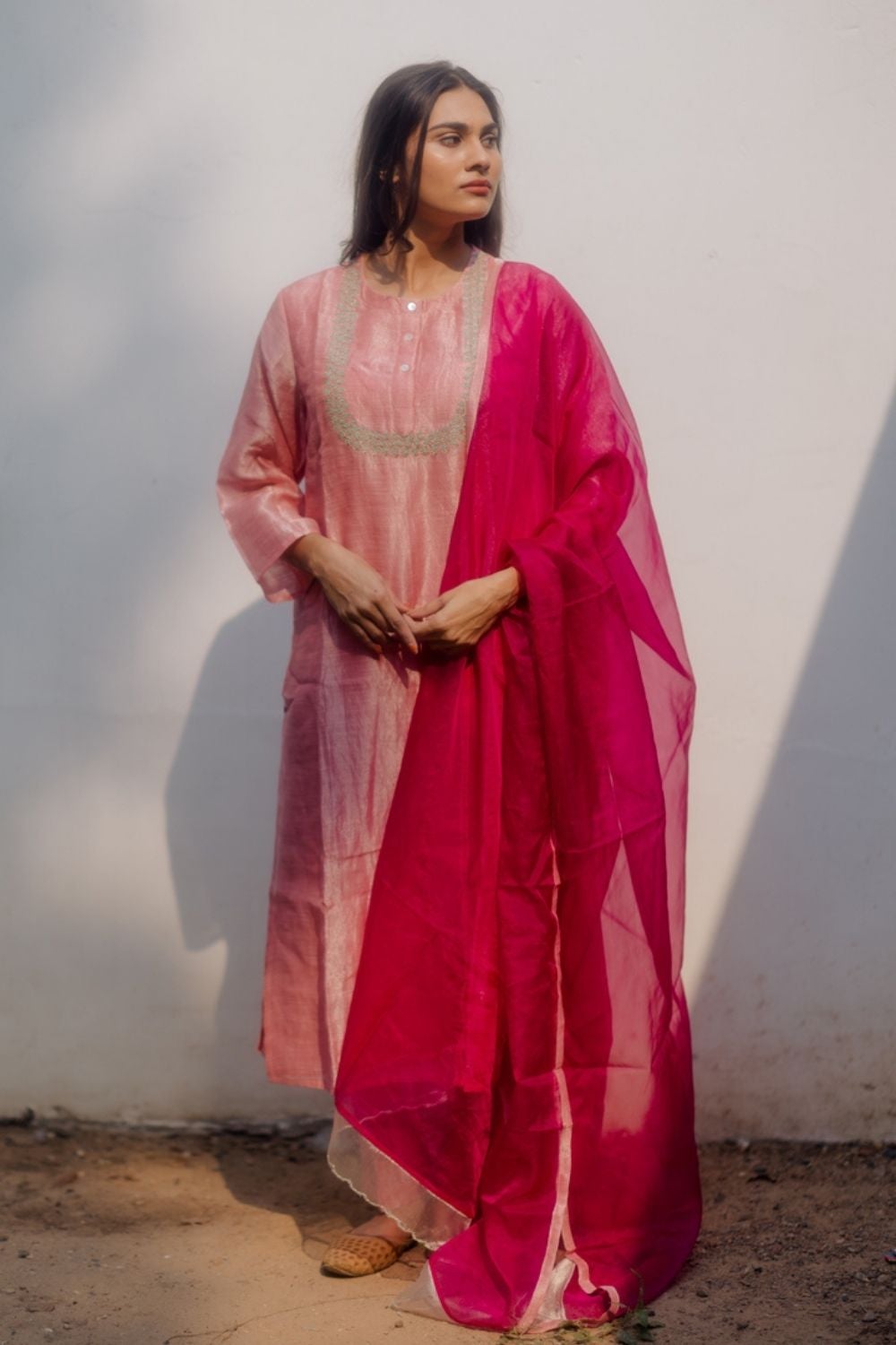 Handwoven Comfort Fit Kurta Set - LIGHT ROSE AND HOT PINK Fashion Juanita 