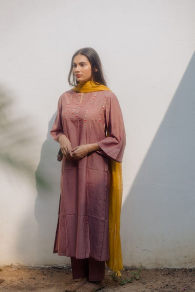 Handwoven Cotton Silk Comfort Fit Kurta Set - BROWN AND MUSTARD Fashion Juanita 