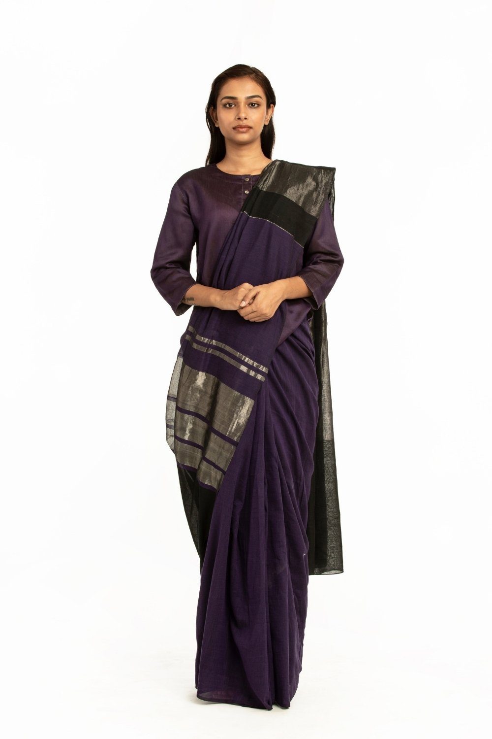 Handwoven Deep Purple Black Engineered Cotton Saree Fashion Akaaro 