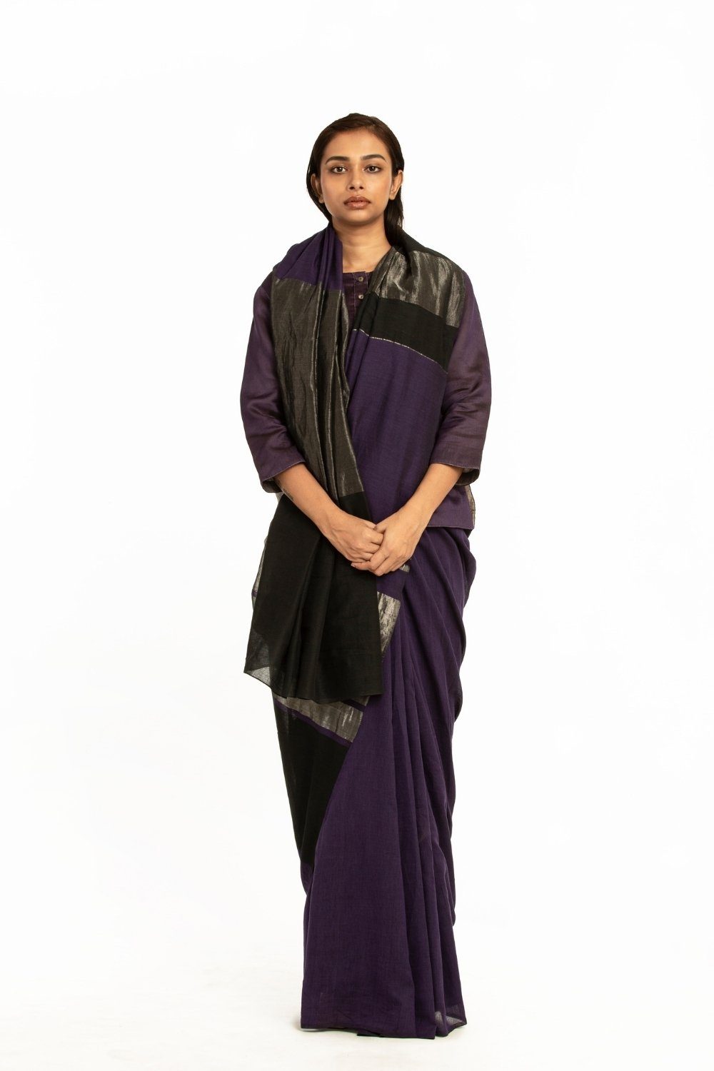 Handwoven Deep Purple Black Engineered Cotton Saree Fashion Akaaro 