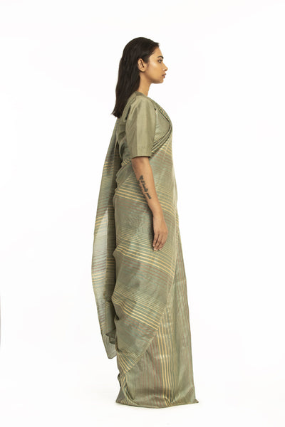 Handwoven Green Pale Striped Silk Saree Fashion Akaaro 