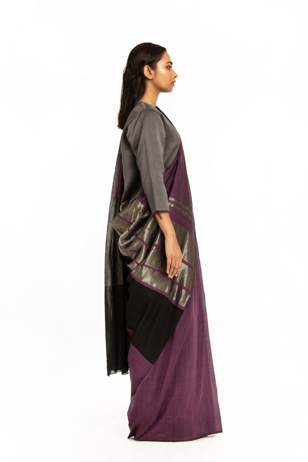 Handwoven Purple Black Engineered Cotton Saree Fashion Akaaro 