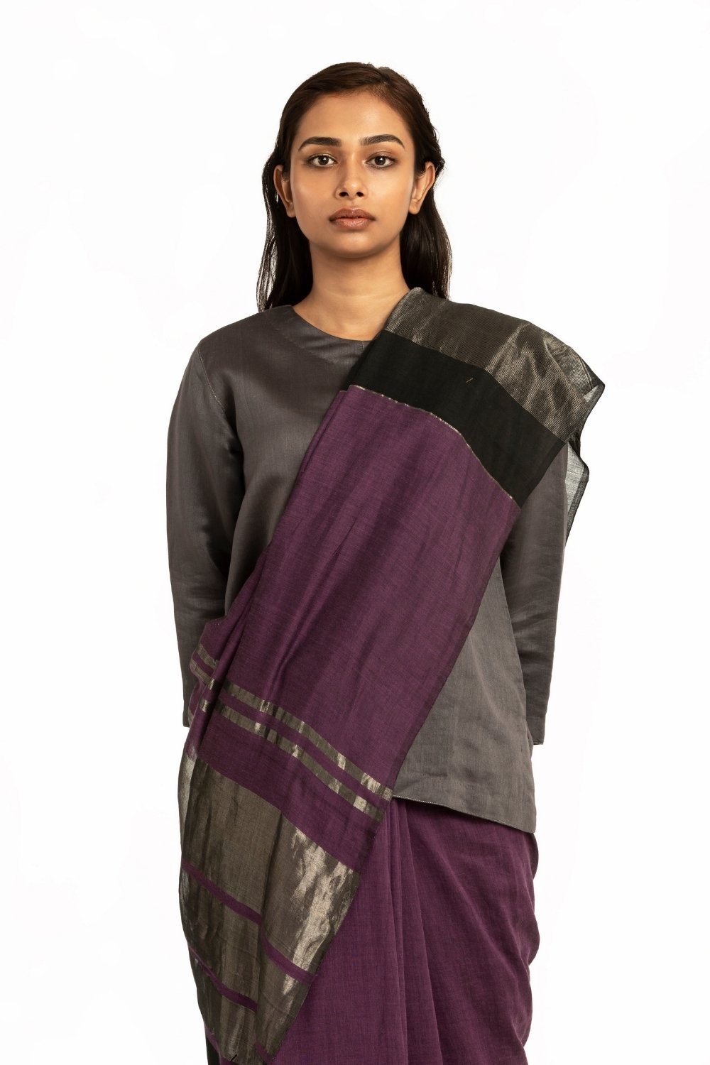 Handwoven Purple Black Engineered Cotton Saree Fashion Akaaro 