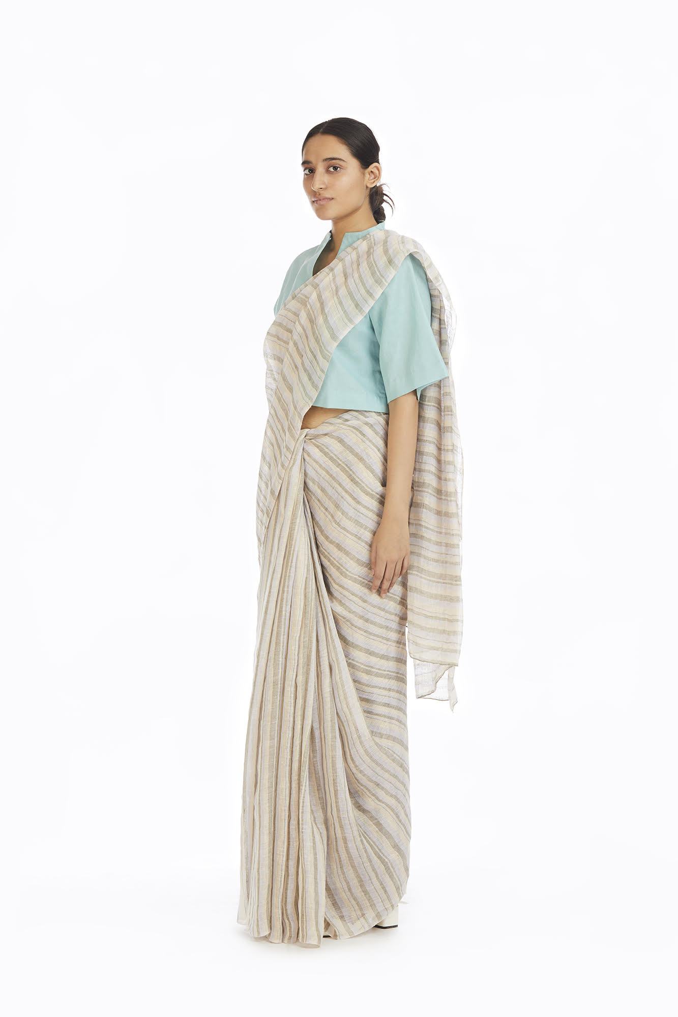 Handwoven Yellow Green Blue Striped Saree Fashion Akaaro