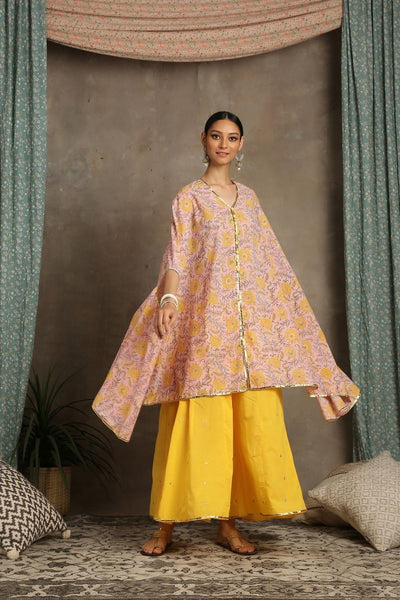 Heer- Peach Floral Printed Cotton Kaftan and Yellow Zari Kalidar Palazzo Fashion Marche