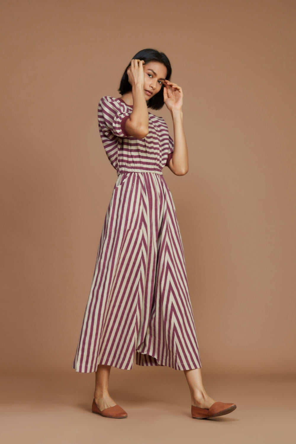 Ivory and Mauve Striped Mati Sphara Jumpsuit Fashion Mati