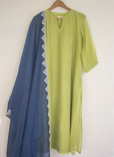 Juanita- Fabric ~Handwoven chanderi and handloom cotton- Ochre lime and royal blue Fashion Juanita 