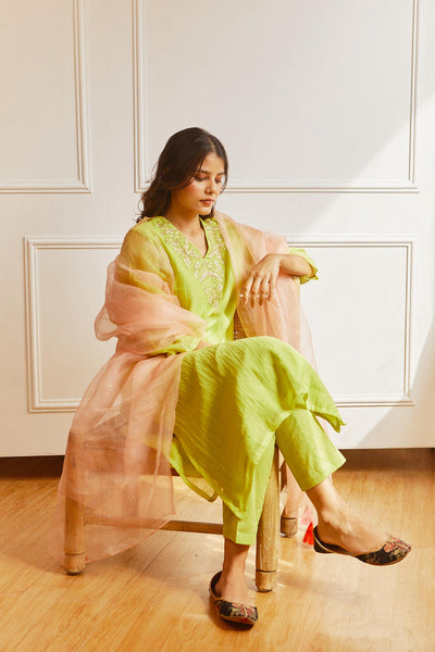 Lime green handwoven chanderi comfort fit kurta Set & Dupatta with hand embroidered silver dabka pitta Fashion Juanita XS Kurta Set with Dupatta 