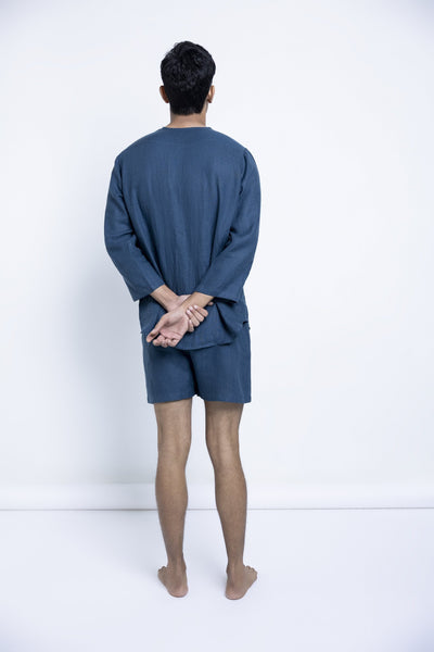 Men's Indigo Linen Short Set Men Saphed