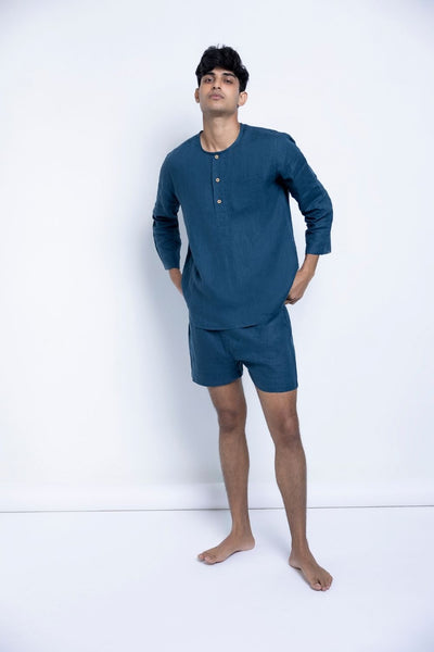 Men's Indigo Linen Short Set Men Saphed