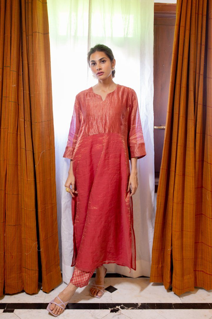 Red & Brown Chanderi Tissue Kurta Set Fashion Juanita 