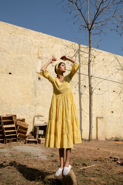 Sunny Side Up Tier Dress- Yellow Hand Block Printed Cotton Tier Dress Fashion Marche