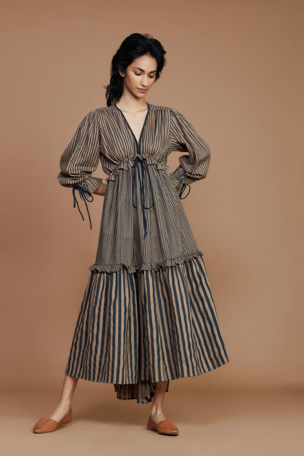 Tiered Frill Brown Striped Dress Fashion Mati