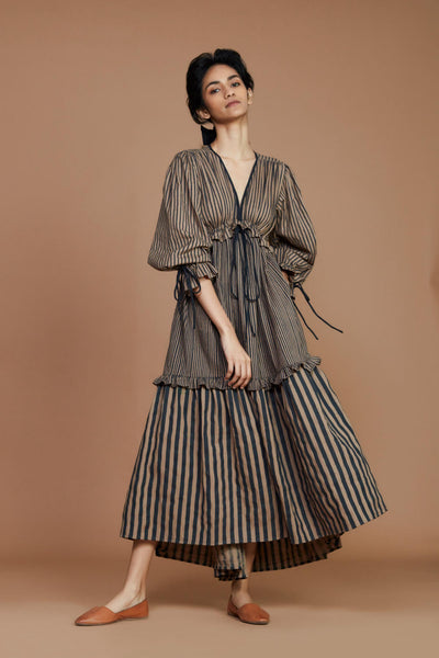 Tiered Frill Brown Striped Dress Fashion Mati