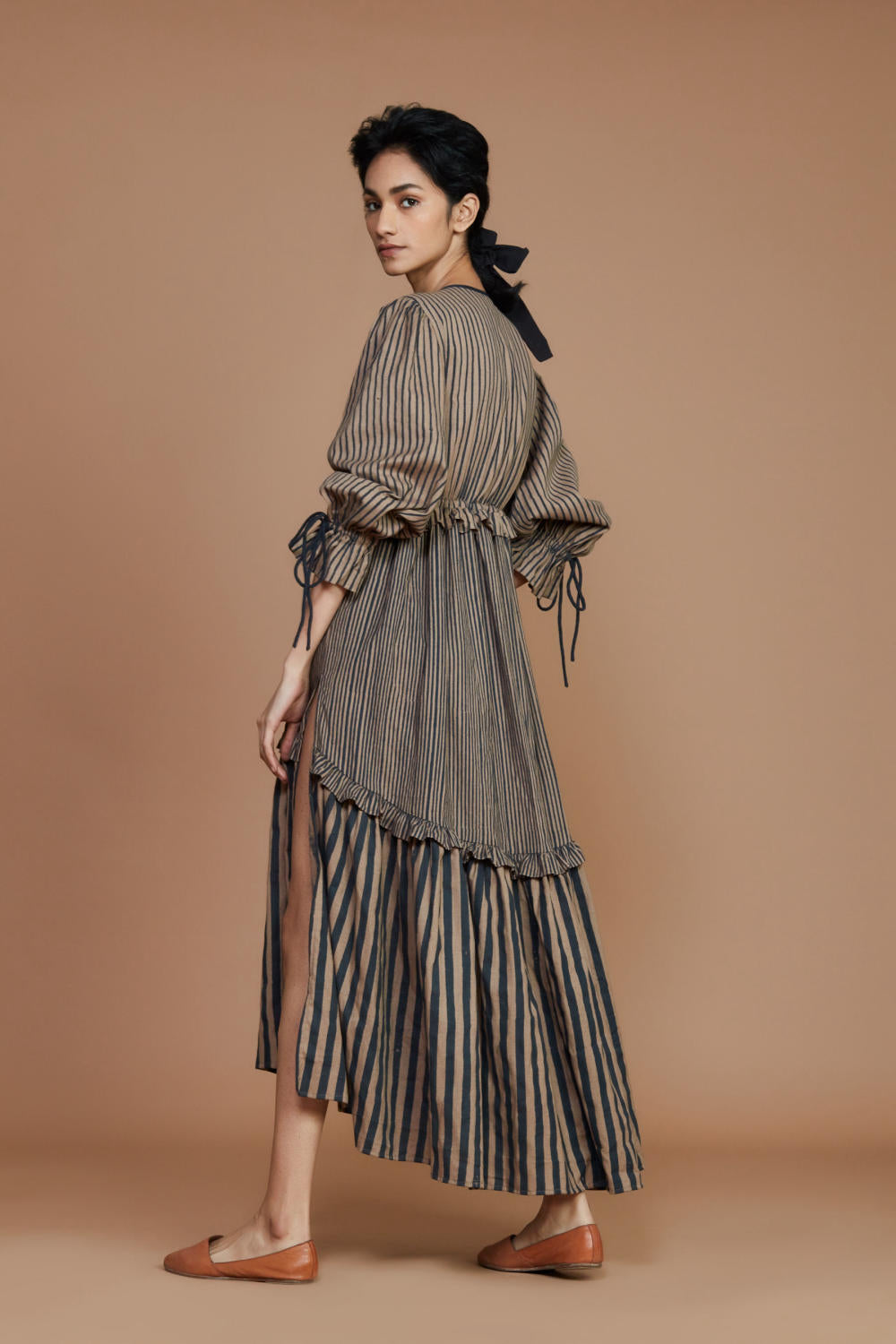 Tiered Frill Brown Striped Dress Fashion Mati