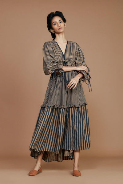 Tiered Frill Brown Striped Dress Fashion Mati