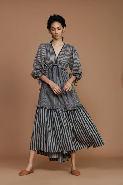 Tiered Frill Grey Striped Dress Fashion Mati