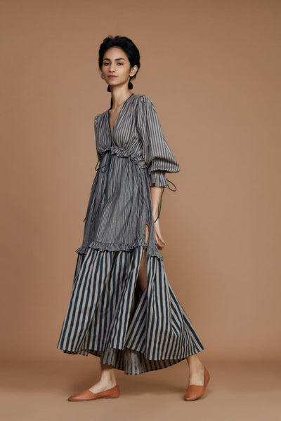 Tiered Frill Grey Striped Dress Fashion Mati