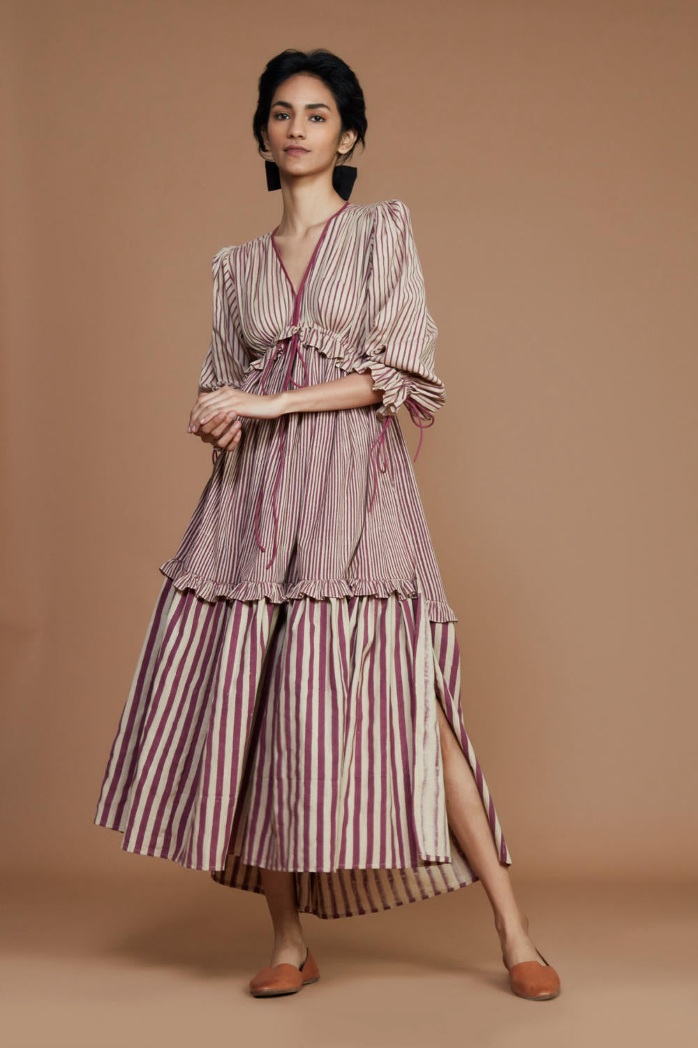 Tiered Frill Mauve Striped Dress Fashion Mati