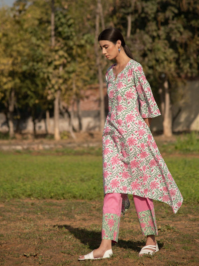 White Gardenia Kurta Set- White Pink Hand Block Printed Cotton Assymetrical Kurta Set Fashion Marche