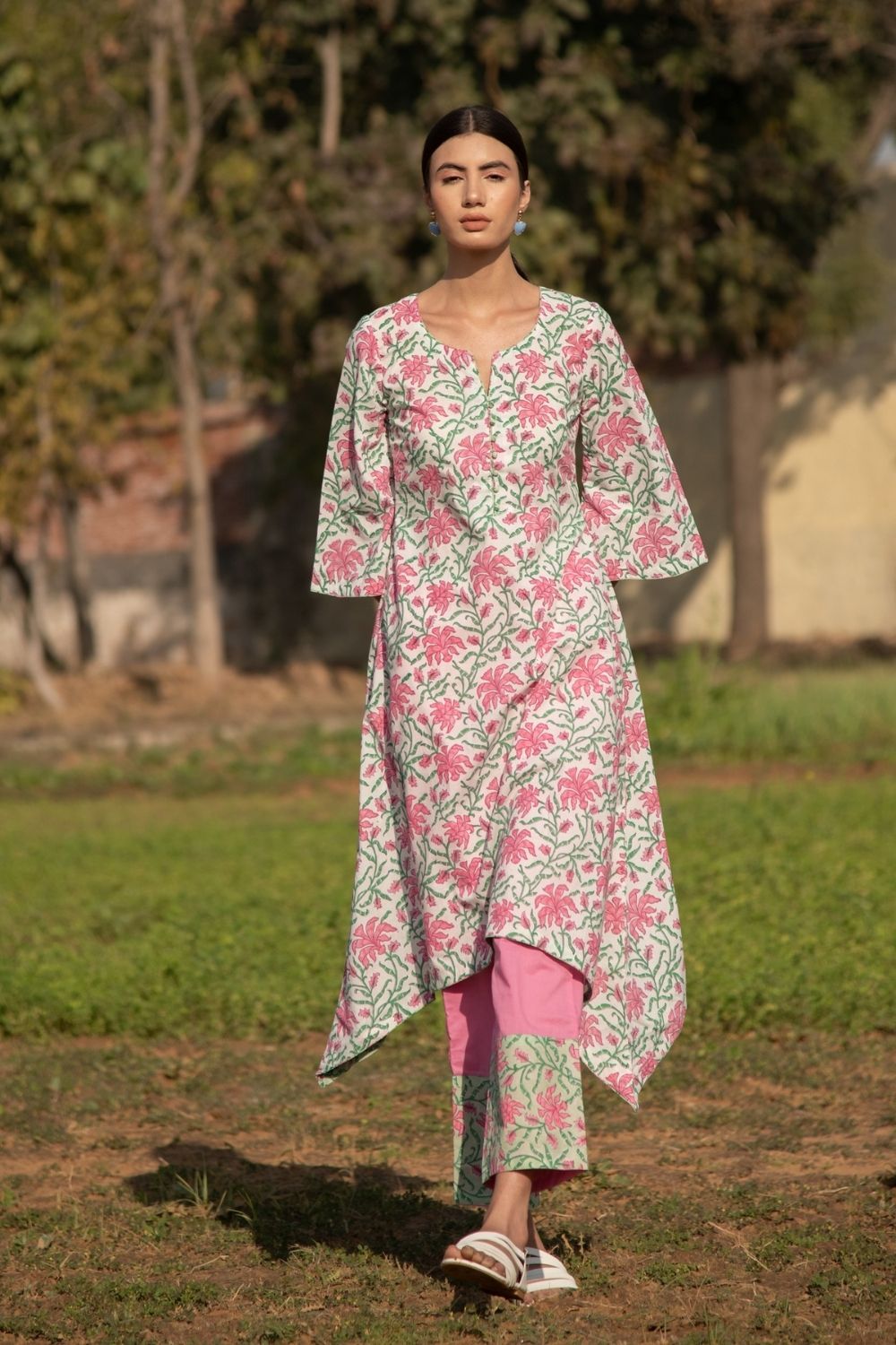 White Gardenia Kurta Set- White Pink Hand Block Printed Cotton Assymetrical Kurta Set Fashion Marche